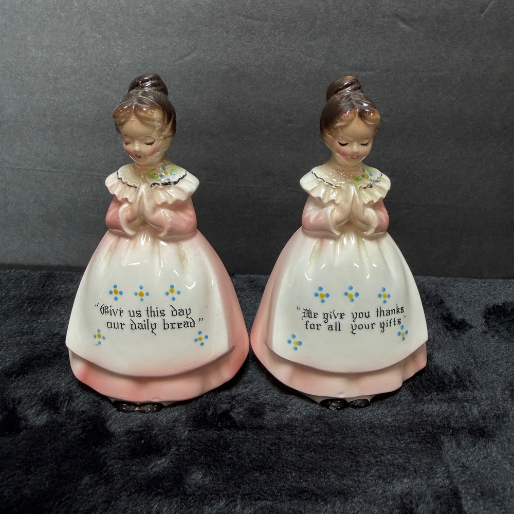 VTG Pink‎ Victorian Enesco Prayer Lady Ceramic Salt Pepper Shakers Mid Century